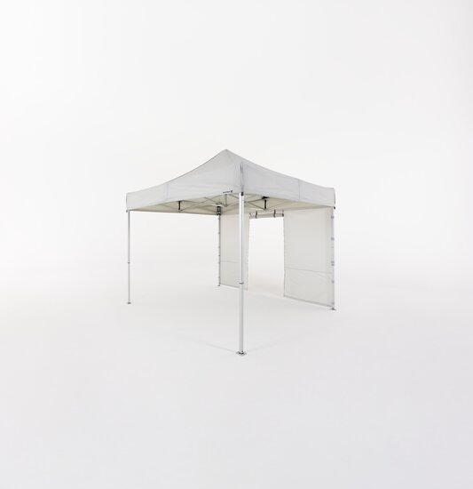 Grey Ecotent® pop-up gazebo with open sidewall door.