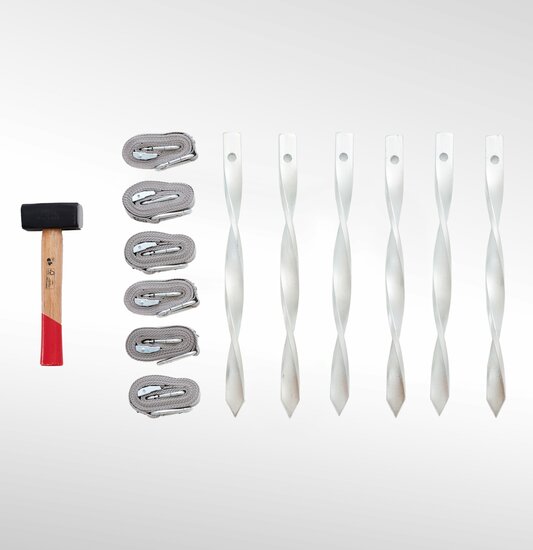 6-piece fastening kit with pegs, tension straps and hammer.